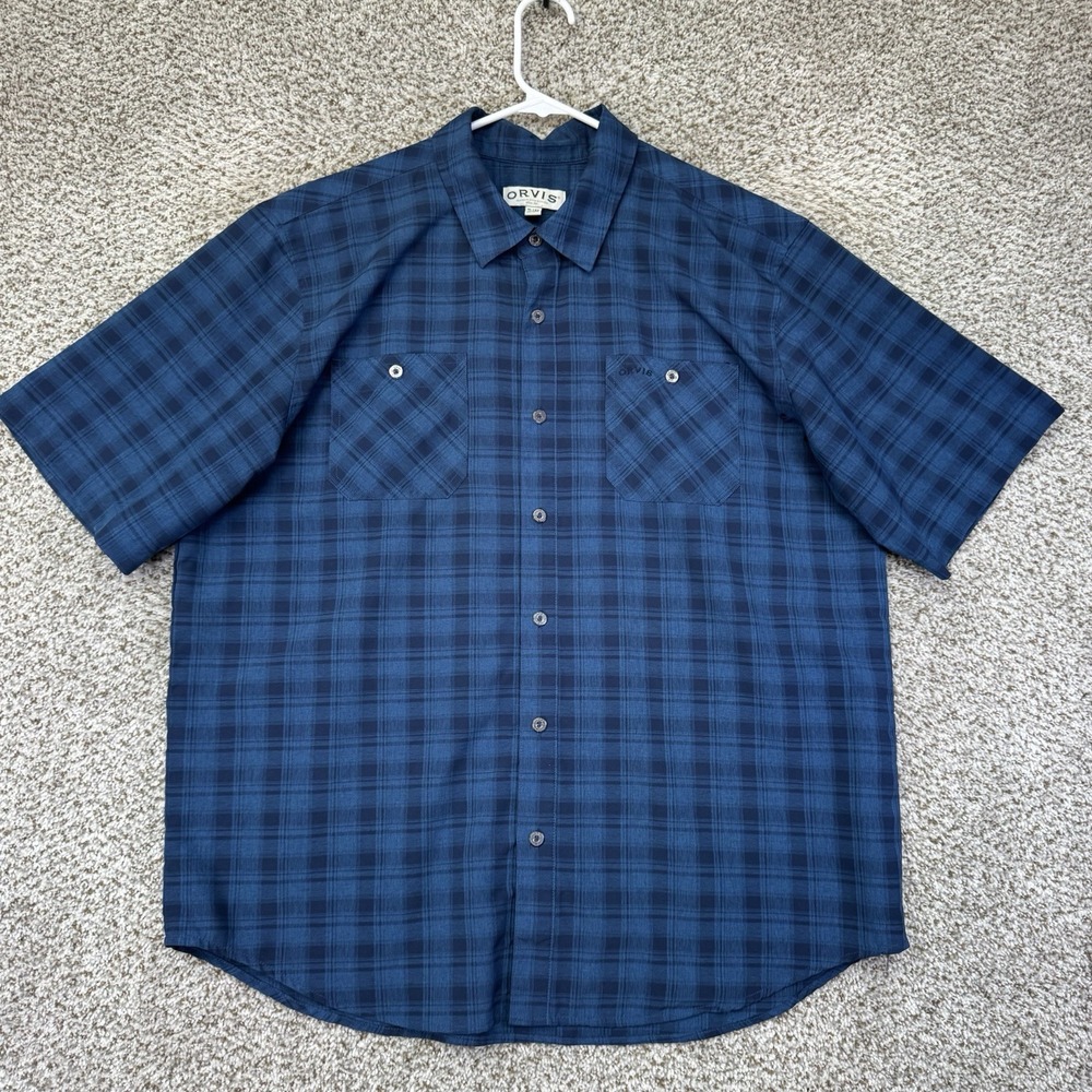 Orvis Shirt Men's Sie XL Blue Plaid Short Sleeve Button Up Stretch Outdoors Hike
